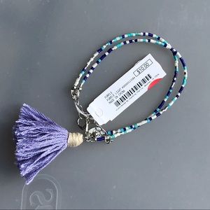 Blue white and purple tassel beaded bracelet